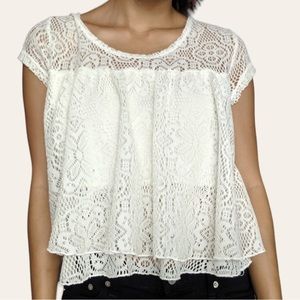 Charlotte Russe White Layered Lazer Cutout Lace Boxy Short Sleeve Boho Crop Top